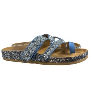 Joan Boyce Glitter Sandals Toe‎ Loop Thong Slides Sparkle Blue 9.5M